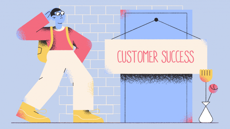 illustration of man and door with customer success sign